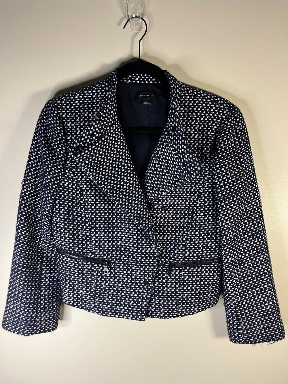 Ann Taylor Navy & White Tweed Cropped Blazer Jacket